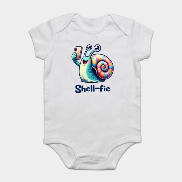 Cute happy snail taking a smartphone Shell-fie pun design Baby Bodysuit by Luxinda